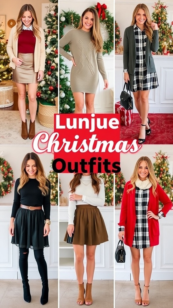 A collection of stylish Christmas outfits including sweaters, dresses, and accessories in a festive holiday setting.